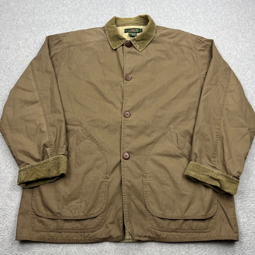 JCrew Oarsman Barn Coat Mens Large Brown Corduroy Trim Plaid Lined Button Jacket